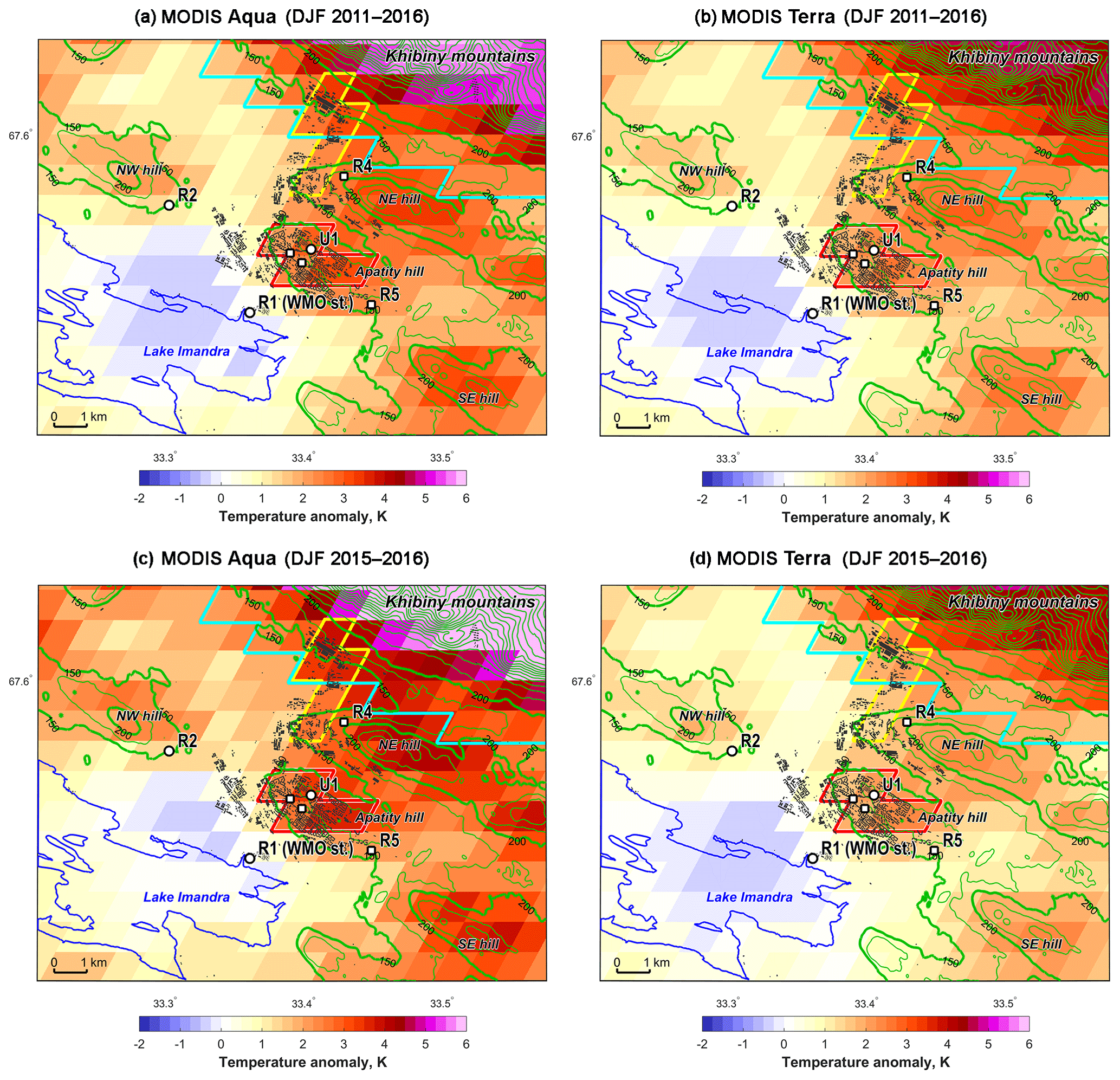 Four panels showing winter land-surface-temperature anomalies around Apatity
