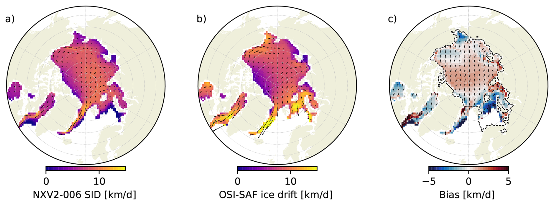 Modelled and observed Arctic sea-ice drift, with a map of model bias