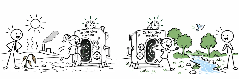 The book’s scientist entering a time machine and emerging into a greener landscape